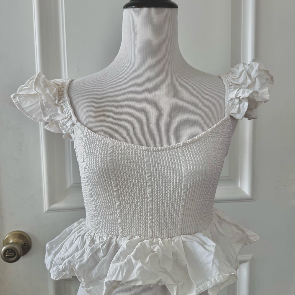 Zara Cropped White Fairycore Ruffled Peplum Women's Top